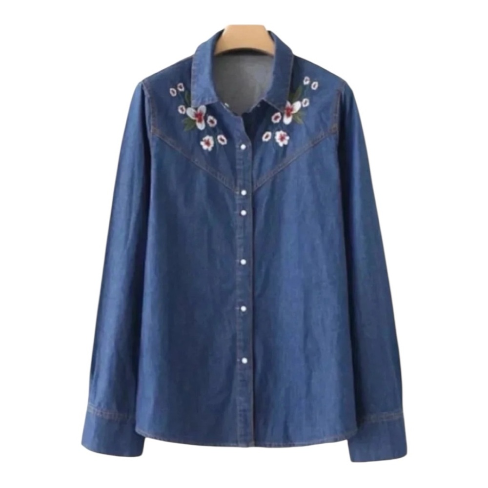 Zara Denim Floral Embroidery Long Sleeve Pearl Snap Top Size Small